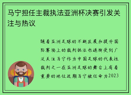 马宁担任主裁执法亚洲杯决赛引发关注与热议 马宁担任主裁执法亚洲杯决赛引发关注与热议