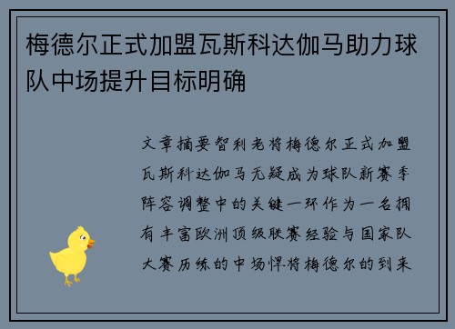 梅德尔正式加盟瓦斯科达伽马助力球队中场提升目标明确 梅德尔正式加盟瓦斯科达伽马助力球队中场提升目标明确