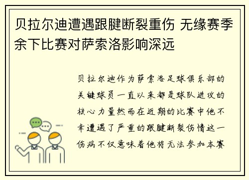 贝拉尔迪遭遇跟腱断裂重伤 无缘赛季余下比赛对萨索洛影响深远 贝拉尔迪遭遇跟腱断裂重伤 无缘赛季余下比赛对萨索洛影响深远